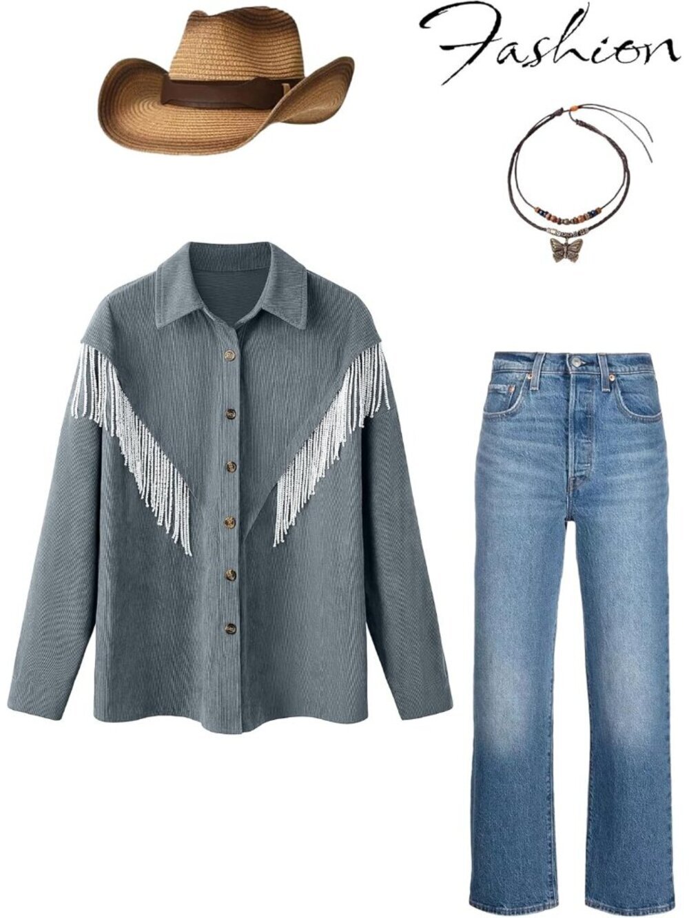 Women's Grey Corduroy Nashville Sparkly Rhinestone Fringe Long Sleeves Jacket - Picture 6 of 6